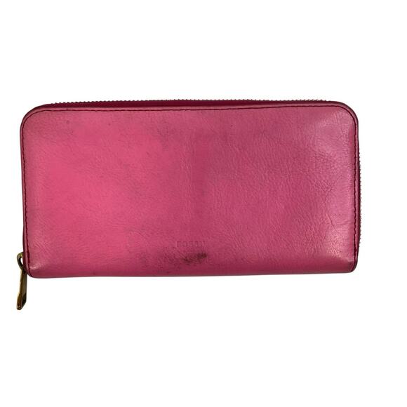 Fossil Pink Pebbled Leather Zip Around Wallet Pockets Card Slots Pocketbook - Picture 1 of 12